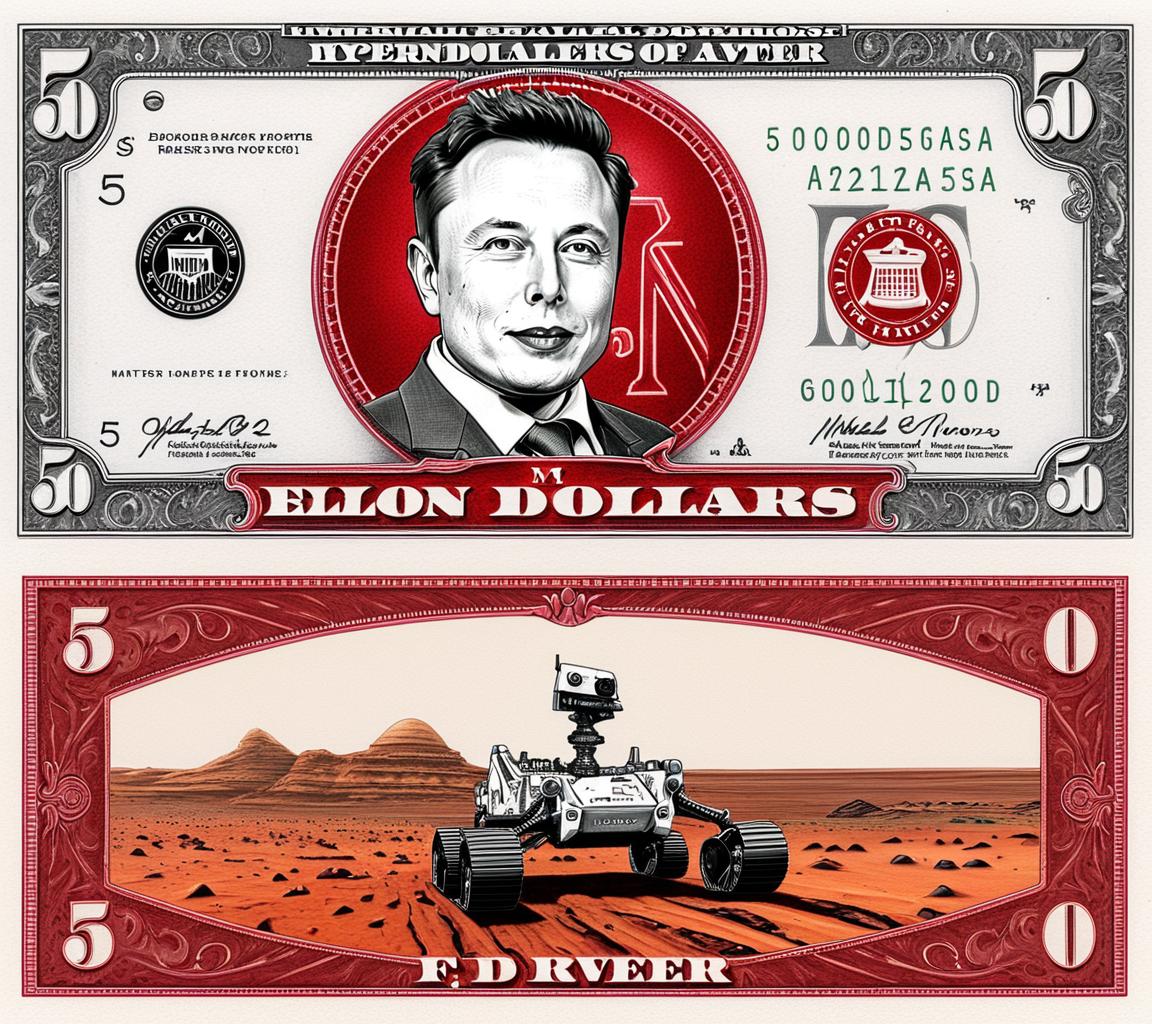 <lora:m0n3y_03XL-000010:1.0>,m0n3y style, a front and back side view, of a 50 dollar denomination, with etched portrait of Elon Musk on the front, with the word '50' on the corners, while on the backside a drawing of (Mars Rover), crimson and red ink artwork, words 'MARTIAN DOLLARS' at the top and bottom, ornate design, intricately detailed, close-up view, realistic, hyperrealism,