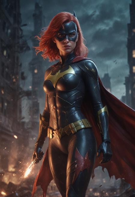 High resolution ultra-realistic of beautiful realistic Batgirl fighting against alien invasion, cinematic style, standing on a bloody and stormy battlefield in a fighting pose, bloody massacre, realistic modern combat costume, black mask, red cape, perfect athletic figure, wavy red hair, handsome dirty bloody face, beautiful perfect detailed pupils, wet oily shiny skin, covered in dirt and blood, beautiful firm Breasts, defiant and seductive, sexy 20 year old girl, 8k resolution concept art portrait by Greg Rutkowski, Dark Gotham City, Artgerm, WLOP, Alphonse Mucha, dynamic lighting, hyperdetailed, intricately detailed, Splash art trending on Artstation triadic colors, Unreal Engine, 5 volumetric lighting, Cinematic Lighting, intricate, smooth, sharp focus digital painting, Asymmetrical Balance, painting, dynamic lighting