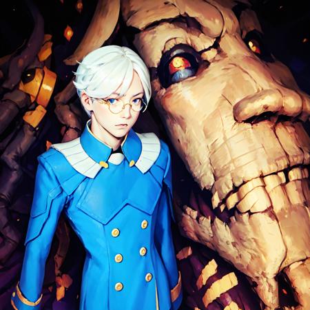 (masterpiece:1.2, best quality), Kiel-D01, 1boy, white hair, medium hair, blue suit, monster, serious, looking at viewer, round-framed glasses <lora:Kiel:1>