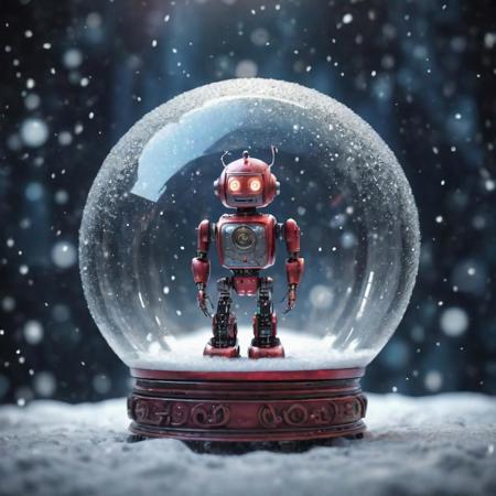 Realistic 3d human robot inside a snowing Christmas crystal ball. Cinematic look. hyper-realistic.