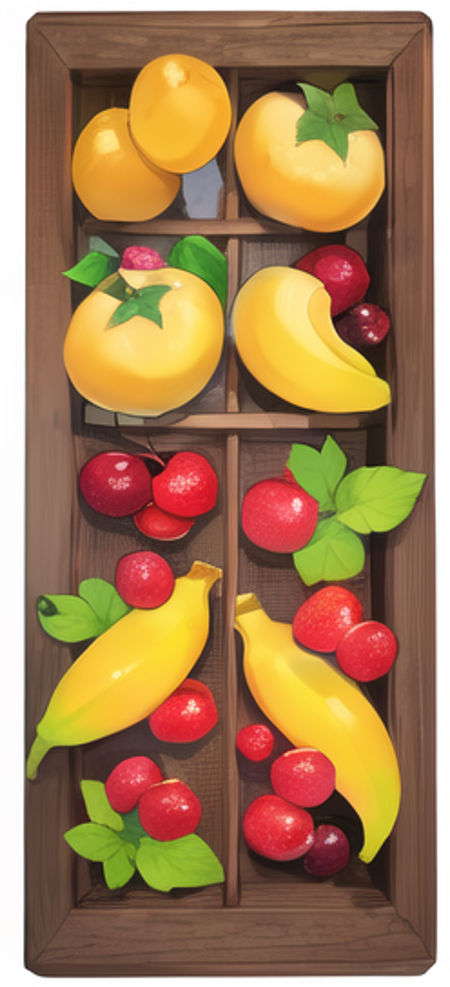 A banana, a pear, an apple, a watermelon, a cherry, a sweet potato,<lora:FoodAssets-15:1>,luxurious wooden table background