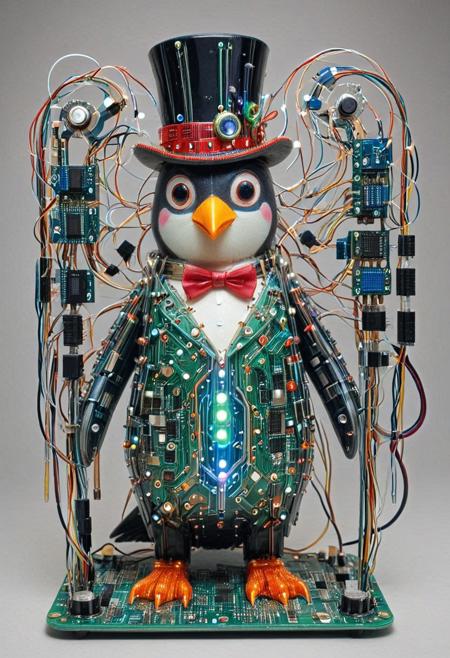 embedding:lazmpos, Transistors, pcb_style, LED, colorful LED lights, RGB lights, red green and blue penguin, art deco, top hat, cane, monocle,RetroBG