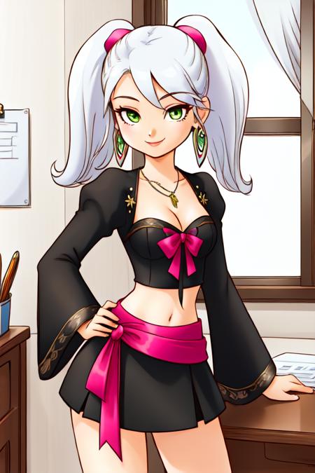 holvalice, white hair, twintails, pink scrunchies, green eyes, earrings, necklace, black crop top, juliet sleeves, long sleeves, brooch, midriff, cleavage, short skirt, black skirt, waist bow, pink bow, tiara, earrings, necklace, wedding dress, white dress, bare shoulders, sleeveless dress,