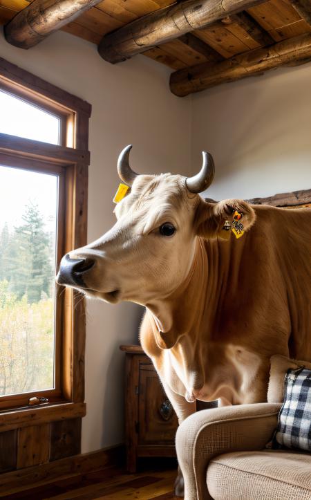 Cubist artwork ((best quality)), ((masterpiece)), (detailed), 8K, close-up shot of a cow standing inside a cozy, rustic living room, sunlight streaming through large windows, warm and inviting atmosphere, wooden floors, plush furniture, cow looking curiously at the camera, intricate details, (photorealistic:1.6), in the style of Norman Rockwell . Geometric shapes, abstract, innovative, revolutionary