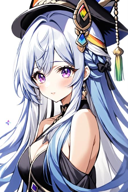 Niji Pride,  1girl,  solo,  long hair,  breasts,  looking at viewer,  bangs,  hair ornament,  hat,  dress,  bare shoulders,  jewelry,  very long hair,  closed mouth,  blue hair,  purple eyes,  upper body,  braid,  white hair,  multicolored hair,  nail polish,  hair over one eye,  black dress,  bracelet,  clothing cutout,  black headwear,  tassel,  blue nails,  shoulder cutout,  (genshin impact), <lora:EMS-51678-EMS:0.800000>