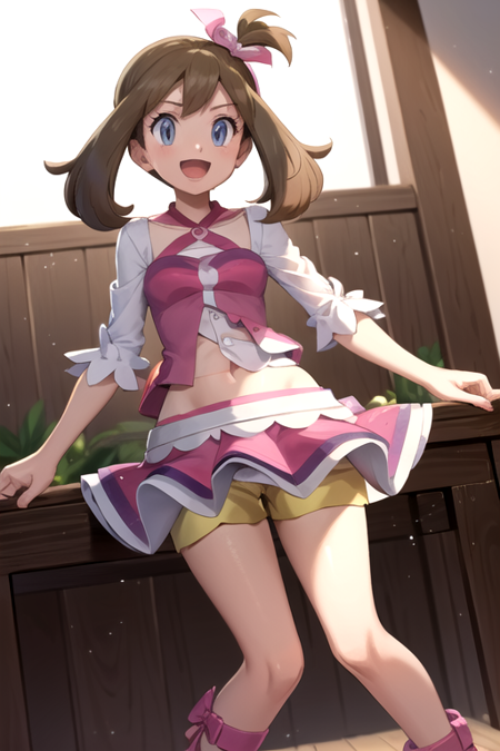 masterpiece, best quality, <lora:MayContest:0.7>, may \(pokemon\), white shirt, pink bow, hair bow, yellow shorts, pink skirt, shorts under skirt, :d