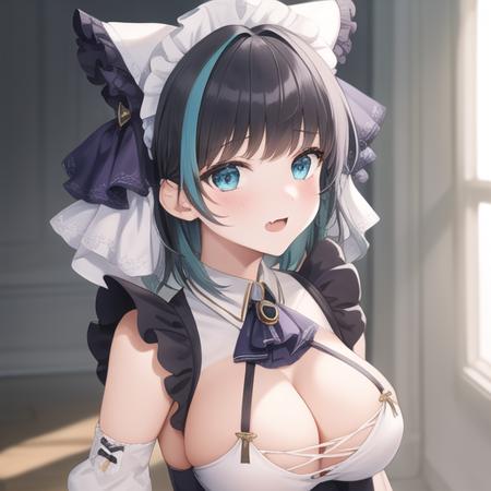 (masterpiece, best quality:1.2),illustration,8k,hd,1girls,solo,upper body,(portrait:1.2),large_breasts,multicolored_hair,streaked_hair,cleavage,animal_ears,black_hair,aqua_eyes,maid_headdress,ribbon,wrist_cuffs,maid,bangs,two-tone_hair,hairband,garter_straps,short_hair,blue_eyes,fake_animal_ears,aqua_hair,detached_sleeves,dress,frills,puffy_sleeves,white_thighhighs,puffy_detached_sleeves,frilled_hairband,purple_hair,fang,frilled_ribbon,<lora:cheshire:0.8>,