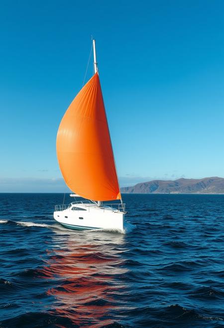 Modern sailboat on the sea sailing in the wind. Nice weather, small waves, shore visible in the background, in scotland, orange gennaker,