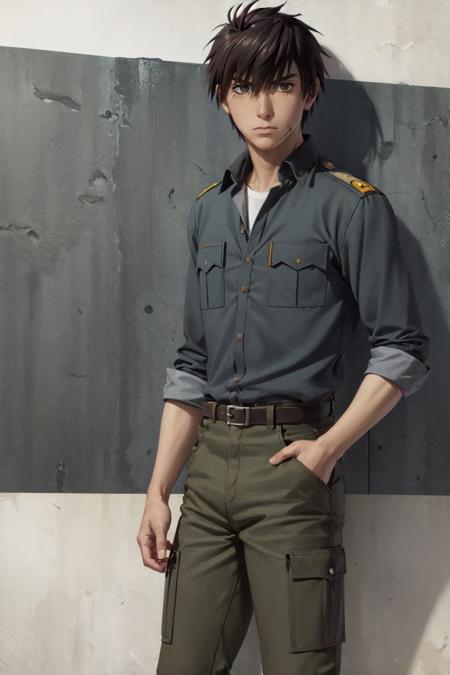 (masterpiece, best quality:1.2), <lora:fullmetalpanic_sagara-10:1>, cowboy shot, solo, male focus, 1boy, sagara sousuke, scar, expressionless, closed mouth, looking at viewer, hand in pocket, military uniform, breast pocket