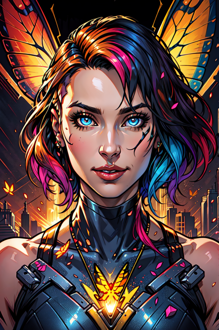 (masterpiece, best quality, ultra-detailed, highres, best illustration),perfect face, welcoming, see-through gossamer,lustrous skin,(bloom), (shine),8k portrait of beautiful cyborg with shining rainbow glittery hair, intricate, elegant, highly detailed, majestic, digital photography, cyberpunk 2099, wires, electric sparks,  surreal painting gold butterfly filigree, broken glass, (masterpiece, sidelighting, embers, moths, finely detailed beautiful eyes: 1.2), hdr,