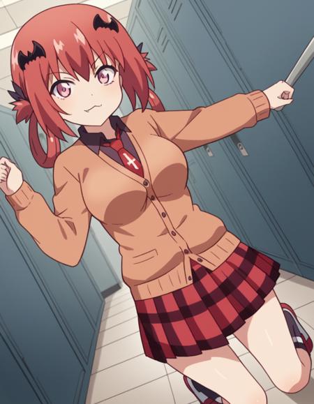 <lora:satanichia-kurumizawa-mcdowell-s1-ponyxl-lora-nochekaiser:1>, satanichia kurumizawa mcdowell, hair ornament, red hair, hair rings, bat hair ornament, pink eyes, skin fang, large breasts, skirt, shirt, school uniform, pleated skirt, necktie, shoes, socks, collared shirt, plaid, kneehighs, black shirt, plaid skirt, cardigan, black socks, inverted cross, brown cardigan,