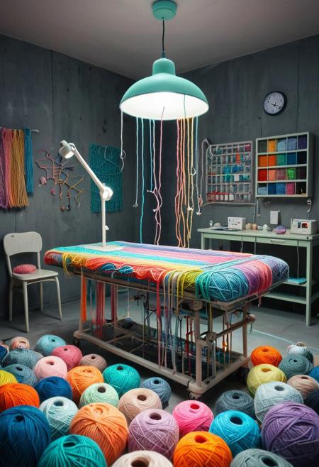 masterpiece, best quality, very aesthetic, 
yrnwrld, 
surgical table made of yarn, lamp,
pastel_theme, matte_color, rainbow palette, 
creepy bunker cell background, liminal space, dim light