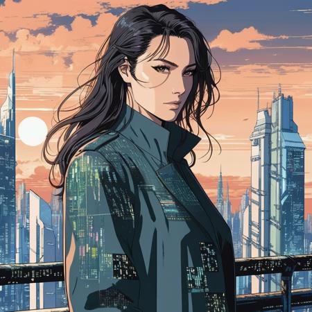 ((90s Anime style illustrattion)) drawing of a closeup on face of woman wearing a long matrix coat,futuristic city in the background, akira, 2D,  galxgdt,   <lora:galgadot_juggerX_xl_1_st_merger_88_150_05_05-galxgdt:1>
