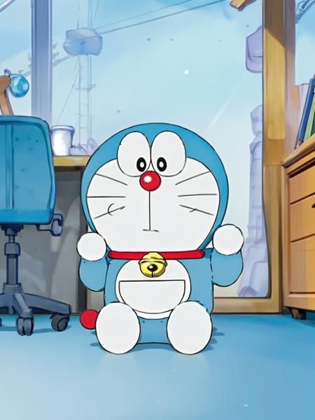 doraemon, solo,neck bell, jingle bell, sit,whiskers,  no humans, full body,masterpiece, best quality, <lora:doraemon-5:1>