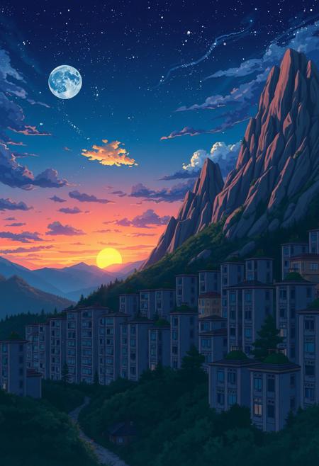picturesque nature, night landscape of a city built on mountainous terrain, rows of identical gray apartment buildings, contrast between dull buildings and breathtaking nature, 2D cartoon in retro anime style, old anime, sunrise