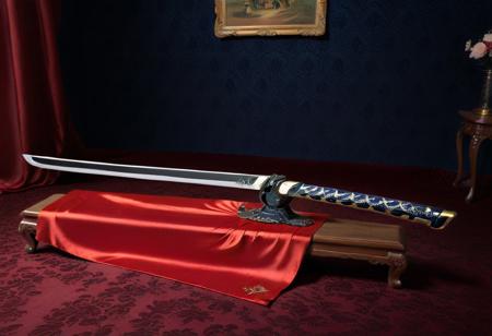 score_9, score_8_up, score_7_up, score_6_up, cartoon, ,CreepyCuteMagical , 
ceramic katana, laying on red silk dress, 
victorian bedroom background,
, dark theme,
