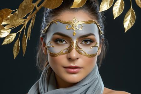 cinematic photo, (nicole_moreria_model) <lora:nicole_moreria_model:1>  , (8k, RAW photo, highest quality), hyperrealistic, ethereal fantasy, insanely detailed,  ultra detailed skin pores, with a golden mask and a black background is shown in this image, it is a digital painting,  highly detailed digital art,  abs, gold filigree, (8k, RAW photo, highest quality), hyperrealistic, in a gray costume wearing a scarf, in the style of ethereal creatures, twisted branches, dusseldorf school of photography, fairycore, intricate embellishments, hauntingly beautiful illustrations, fairytale-inspired  
 <lora:ReaLora:1>  <lora:skin_slider_v1:.6>     <lora:PerfectEyesXL:.7>