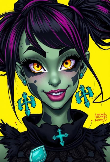 bo-neon, ArcaneFGTNR, a digital illustration in a vibrant, gothic style, it features a close-up of a young woman's face, with striking, exaggerated features, her skin is a pale, almost translucent green, with patches of black and white, resembling a patchwork fabric, her eyes are large and vivid, with a striking, glowing yellow hue, and her lips are full and slightly parted, revealing a playful, mischievous smile, she has dark, straight hair with pink highlights, styled in a high ponytail with a few loose strands framing her face, her makeup is bold and dramatic, with thick, black eyeliner and mascara accentuating her large, expressive eyes, she wears large, turquoise earrings with a cross pendant, and a black, high-collared top with a mix of fur and lace textures, the background is a solid, bright yellow, which contrasts sharply with her vivid colors, making her stand out vividly, the overall composition is dynamic, with the woman's expression and makeup drawing the viewer's attention, high quality, ultra detailed, colorful, grainy, cyberpunk fantasy<lora:ArcaneFGTNR.safetensors:1.0:1.0> <lora:Flux\boFLUX Neon Abyss.safetensors:1.0:1.0>