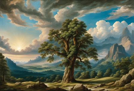 jhcst style a painting of  massive tree rising into the heavens  surrounded with  great mountains and trees