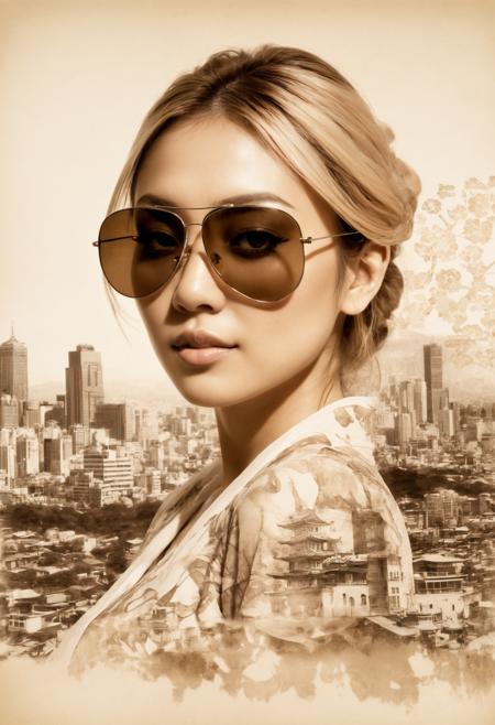 A bold inkplash-meets-watercolor wash artwork, expertly painted on rice paper using rich sepia, burnt henna, and ink-black hues. an advanced sci-fi cityscape, with gleaming towers and skyscrapers, clear sky double exposure, crisp lines, Osaka cityscape below and to side of closeup portrait of stunning  Japanese woman, blonde loose hair, mirrored aviator sunglasses