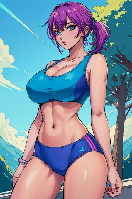 woman, 1girl, solo, breasts, thighs, neon palette, <lora:neon_palette_offset:1>, cleavage, sports bra, detailed face, colorful clothing, park, sky, trees, btpt-fc, <lora:btpt-fC_v1.2a:1>