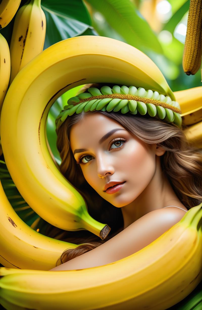 A woman with a crown of bananas on her head.