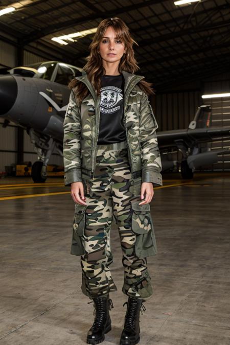 camo costume ,  hangar , evening  <lora:Louise_Redknapp:1> mature l1873r, 1girl, solo, masterpiece, best quality, detailed face,