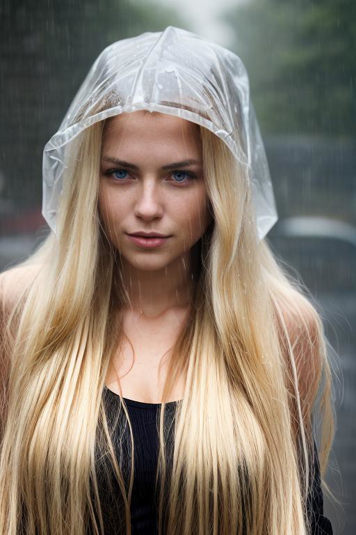 Portrait of a beautiful young woman with long blond hair in the rain