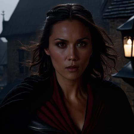 lexa_doig, <lora:LexaDoigXL:1>, portrait, medieval assassin,  (( long hair, hair over eye, hair in face, black cloak, black cape, wild hair, floating hair)), on a roof at night, hiding in the shadows, dirty, messy, raining, foggy, scratched, torn red cape, dim light, noir style, medieval city at night, ((perfect eyes, detailed eyes,realistic eyes)), ((sharp face, detailed face, realistic face, naturtal skin, realistic skin, detailed skin, pores))