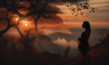 photo of a woman silhouette at sunset, surrounded by monsters