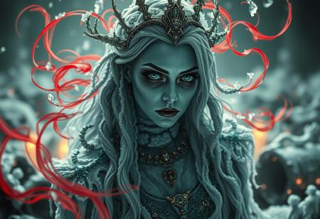 “A hyperrealistic depiction of an ice princess with an eerie ambiance, wearing heavy gothic makeup, set in a rotten and decayed world. The scene is intricate with frost-covered elements, blending a fantasy horror concept with a dark fairytale wonderland background. Red and acid green color twirls swirl through the scene, adding an ominous and sinister touch. The white and gold color palette contrasts sharply with decayed, rotting surroundings and the red and green accents, creating a haunting atmosphere. The image uses a 12mm lens effect to enhance depth and distortion, with sharp contrasts, deep shadows, and an ultra-detailed photorealistic style. The ice princess appears both enchanting and terrifying, emanating mesmerizing visual storytelling in a chilling, frost-bitten, and decayed environment.”