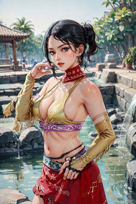 zafinaclassic, 1girl, bikini, ponytail, skirt, elbow gloves, solo, looking at viewer, upper body, potrait, colorful, dynamic, temple, water, pond, (masterpiece:1.2, best quality)