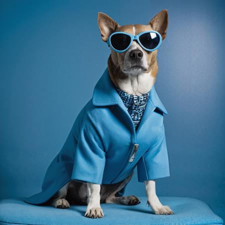 In front view, portrait of a [DOG BREED] wearing 1960s mid-century space-age fashion, backdrop is a deep, neutral blue, setting a stark contrast that accentuates the subject. fluorescent blue shade, wearing a very fashionable lounge coat and sunglasses are a hip 1960s style, clothing all in one color