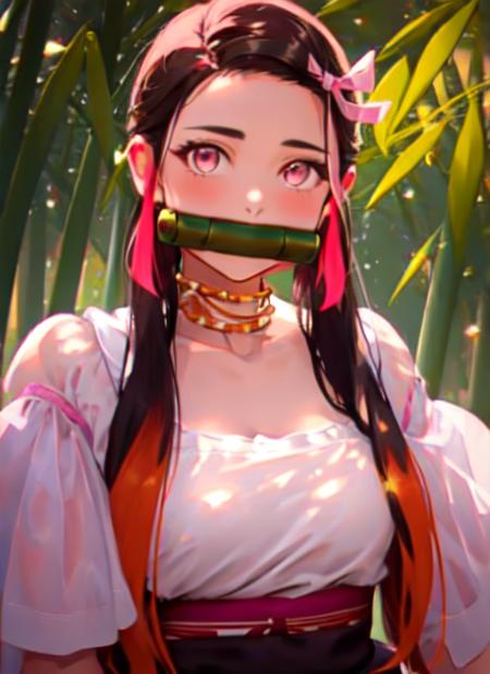 kamado nezuko, 1girl, bamboo, bit gag, brown hair, checkered sash, gag, gagged, gradient hair, hair ribbon, haori,otavalenian clothes, long hair, looking at viewer, multicolored hair, orange hair, pink eyes, otavalenian dress, pink ribbon, ribbon, solo, upper body,   ((masterpiece)), <lora:kamado_nezuko_offset:1>, <lora:otavalenianClothes:1>