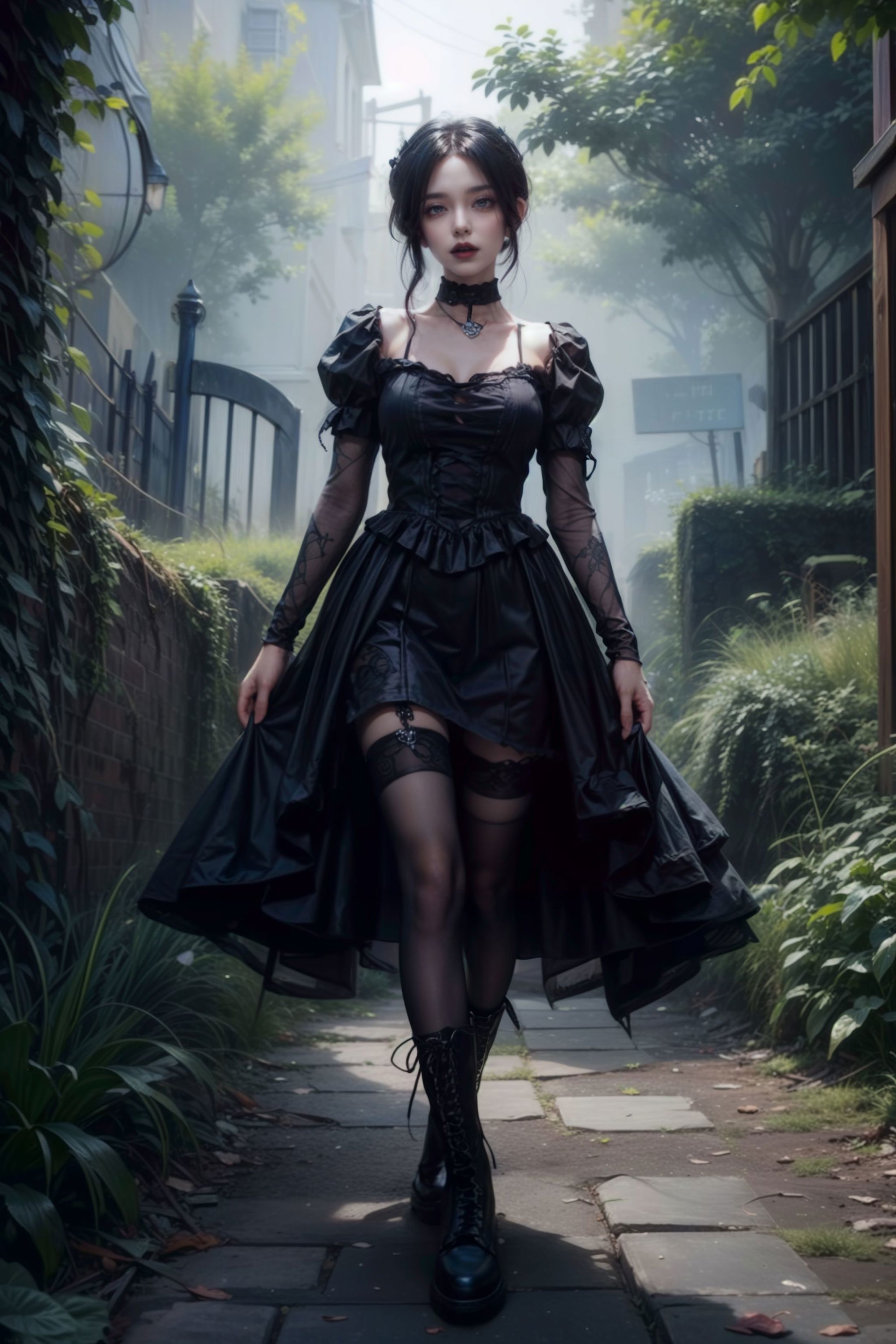 A woman in a black dress and boots walking down a path.