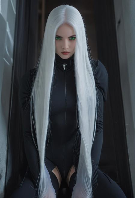 Realism_Quality_2xx_By_Stable_Yogi, cathedral, standing, face focus, 1woman, solo,  long hair, white hair, black choker, green eyes, one eye covered by hair, eyeliner, gorgeous lips, tights, medium breasts, covered breasts, cinematic, (masterpiece), (best quality), (ultra-detailed), very aesthetic, detailed eyes, perfect eyes, freckles, aloof, <lora:Ch0w13nunPXL:0.5> ch0wb13nun, nun, cross, wide dress, long dress, key visual, pixiv fanbox, skeb, (masterpiece:1.1), sinnun, nun, leotard, black footwear, cross, thigh high boots, dark nun, small waist, fitness body, wide hips, oval face, 32 years old, SilverPulse.