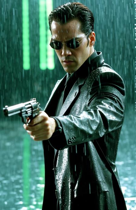 A theatrical freeze-frame from 'The Matrix'. In the midst of a pulsating, dramatically, stands Neo. His face, etched with intense determination signifies the swirling tempest of his resolve. He gazes unflinchingly at the camera, holding a gun with deliberate intent. The deafening silence is punctuated by the echoing sound of a gunshot,  dramatic tension of the scene Matrix movie, rain, fighting with agent smith