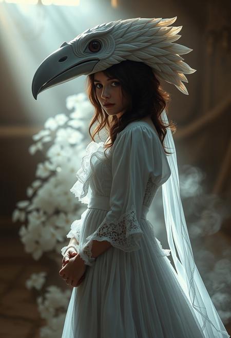 highly artistic surreal portrait of a mysterious girl wearing an elongated white bird helmet intricate carved details on the beak and sides flowing white Victorian dress with delicate lace and layered ruffles standing in a softly lit ethereal environment mist swirling at her feet faint golden light filtering through soft yet dramatic shadows painterly textures cinematic lighting deep contrast dreamlike atmosphere