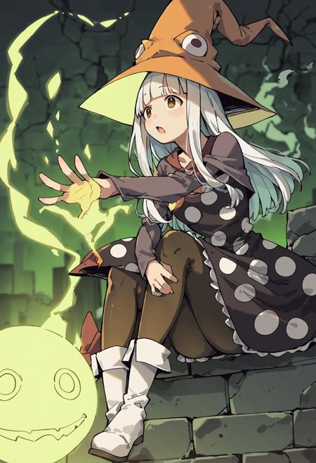 Eruka_Frog orange hat, thin hat, witch hat white hair, black eyes polka dots, polka dot dress, pantyhose