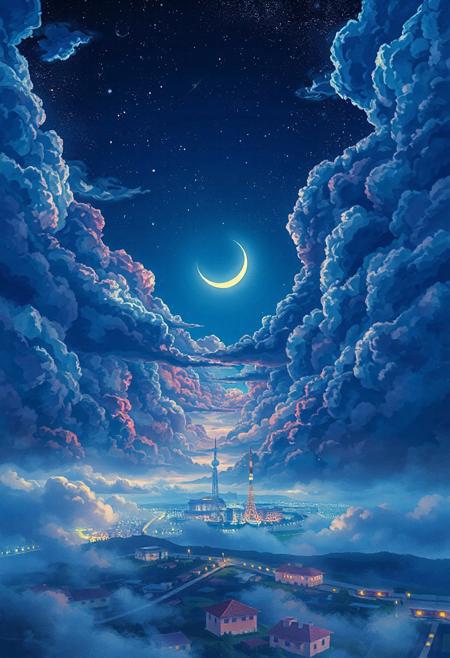 Highly detailed anime-style vertical night sky scene, 9:16 aspect ratio, 4K resolution. Painted in the aesthetic of Makoto Shinkai and Studio Ghibli. Towering, stylized cumulonimbus and cirrus clouds in dramatic deep blues, purples, and star-lit blacks. Fine anime cel-shading with vibrant watercolor blends. Layers of volumetric mist and glowing haze drift between the clouds. A glowing crescent moon partially hidden behind upper cloud banks. Below, a magical anime cityscape sparkles through the mist—colorful rooftops, glowing windows, tall towers rising above the fog, and distant train lights. Crisp anime line art, rich color contrast, sharp outlines, twinkling stars, cinematic lighting, and a dreamlike, emotional atmosphere. Ultra-sharp, clean anime render, inspired by “Your Name” and “Weathering with You”.