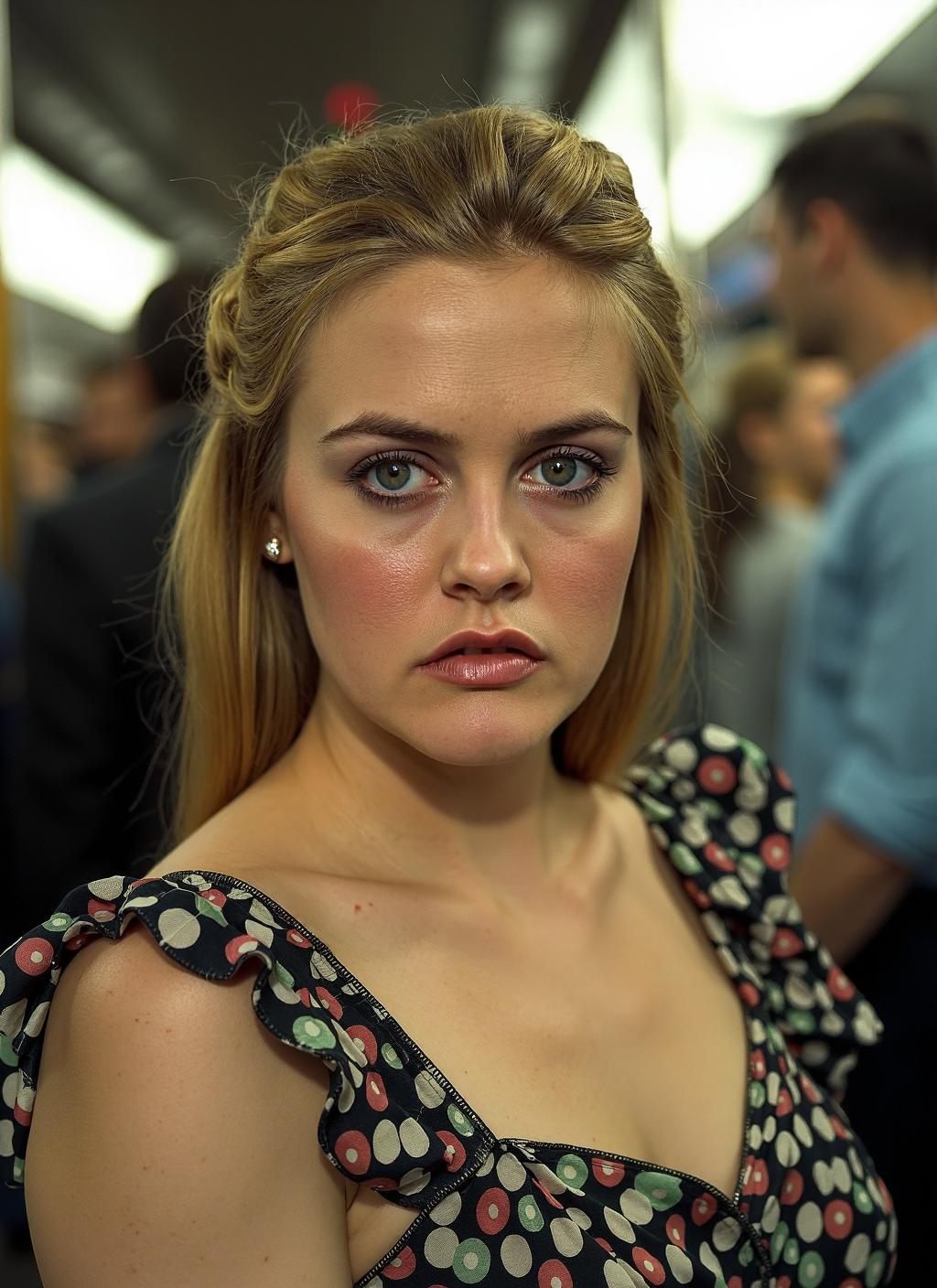 {    "T5" : "A hyperrealistic close-up photograph of Alicia Silverstone, magnifying her dynamic facial features and precise textures, set in the dimly lit atmosphere of a bustling subway station. Her facial skin is adorned with an assortment of pores, wrinkles and light freckles, exuding the subtle glow of artificial fluorescent lights reflecting off her dewy skin. She dons an intricately patterned polka dot wrap dress, expertly crafted with life-like visible threads, tiny seams, and delicate hems, allowing the soft flutter sleeves to billow and fold realistically as the air from a nearby subway draft catches them. A precise, mahogany-hued single braid in her hair adds a playful yet tasteful touch to her vibrant attire. Her exasperated expression stands out due to the fine details like curved lips, wrinkled eyebrows and wide pupils â all portraying subtle hints of a pent-up emotion. Sharp and deep shadows at the fold of her nostrils and outer corners of her eyes reveal a strong focal spotlight effect. Every infinitesimal strand of her golden hair sharply cut around her pronounced facial bone structure, stands illuminated by contrasting exposure factors of background and main object.",    "CLIP-L" : "Alicia Silverstone, high-definition close-up, mahogany hair braid, angry expression, polka dot dress, flutter sleeves, intricate fabric texture, pores, skin imperfections, fluorescent lighting, subway station, photorealistic portrait" }