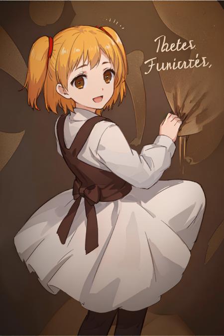 masterpiece,best quality,blonde hair,brown eyes, orange hair,<lora:Rakishu-000035:0.6>,long sleeves,  dress, :d,one side ponytail, one side up,simple background, white background,