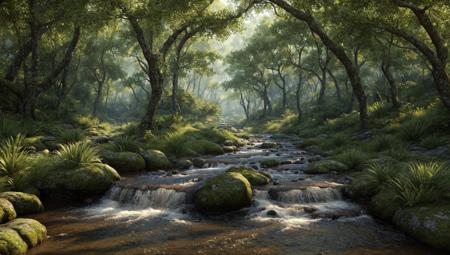 ((masterpiece:1.4,best quality)),
jungle, high trees, creek
high detail, abundant, 8k, high detail, wallpaper,