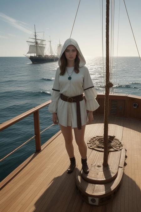 A highly detailed fantasy digital painting depicts, close-up a young woman with long brown hair standing on the deck of a pirate ship wearing an off-white blouse with puffed sleeves under a dark green hooded cape and with a pearl necklace and small charms, A multi-buckled leather belt cinches her waist and she wears leather gloves, large dangling earrings, The wooden deck of the ship is visible beneath her feet, with planks arranged in a grid and wooden stumps, Des Thick, sturdy ropes and thick masts create an intricate network of rigging in the middle, with sails unfurled and billowing in the background, the sails catch the warm light, creating a glowing effect that contrasts beautifully with the darker elements of the ship . The ocean stretches into the distance, its greenish-blue waves breaking gently, the horizon barely visible due to the soft backlight. The lighting is natural and warm, highlighting the character's features and casting a golden glow over the scene, creating a high-contrast, highly saturated atmosphere with a balanced color palette dominated by warm earthy tones. The overall vibe is epic and adventurous, with a realistic yet fantastical style that captures the essence of a sea voyage.