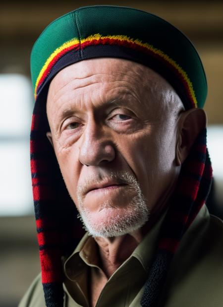 (masterpiece, best quality), Jonathan Banks as Mike Ehrmantraut rastaman wearing (Rasta hat Bob Marley), 1man,  professional photography, high resolution, 8k, detailed photo <lora:mikeet:1>, hyperealistic, ultrasharp