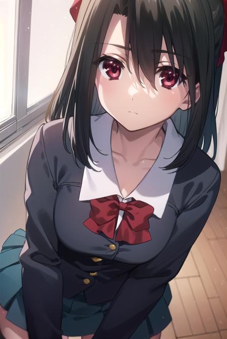 setsunakiyoura, <lora:setsuna kiyoura s1-lora-nochekaiser:1>,
setsuna kiyoura, black hair, (red eyes:1.5), hair bow, red bow,
BREAK skirt, thighhighs, school uniform, shoes, black thighhighs, zettai ryouiki, bow, red bow,
BREAK indoors, classroom,
BREAK looking at viewer, (cowboy shot:1.5),
BREAK <lyco:GoodHands-beta2:1>, (masterpiece:1.2), best quality, high resolution, unity 8k wallpaper, (illustration:0.8), (beautiful detailed eyes:1.6), extremely detailed face, perfect lighting, extremely detailed CG, (perfect hands, perfect anatomy),