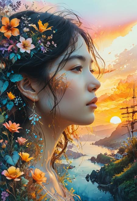 This intricate and complex double exposure close-up features a digital watercolor illustration inspired by the landscapes of sunsets, as envisioned by artists like Waterhouse, Carne Griffiths, Minjae Lee, and Ana Paula Hoppe. The artwork employs a stylized watercolor technique, capturing the intricate contrast and sharp, soft cinematic volumetric lighting. The flowery pastel color palette creates a serene atmosphere, while the wide, long shot composition showcases the perfect masterpiece.