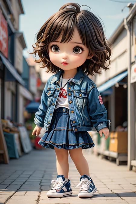 1girl,solo,chibi,(Cropped_denim_jacket:1.5),(A-line_skirt:1.4),(White_sneakers:1.3),(City_market_background:1.3),datou,<lora:datou-000005:0.8>,