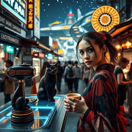 Setting is a futuristic cyberpunk street market at night, the market is comprised of street vendors selling robot parts, food, weapons, and robot pets. People wearing futuristic cyberpunk clothing are walking through the street market shopping and eating, A sleek black cat with red collar sits on a cluttered metal riveted counter with transparent top and micro-LED lighted computer components visible inside, On the counter is an ebony and gold maneki neko statue and a classic ornate art deco espresso machine of copper and brass, (((a beautiful woman, 24 years old, is standing in the foreground facing the viewer with a steaming cup of espresso in her hand. Her eyes are beautiful and focused on the viewer, she has an expression of interested curiosity))), the sleek black cat with red collar is sitting on the desk and watching the people walking by in the busy street market, the woman is dressed in futuristic cyberpunk Japanese style kimono-style clothing that are sexy and Japanese classic aesthetic. An enormous art deco inspired starship with futuristic lighting and an enormous space station are visible in the background among the stars, The woman's hair is elegantly tied up with a ribbon. Artistic cyberpunk, dynamic perspective, (((overall architectural aesthetic is Art Deco Cyberpunk))).  Epic image that elicits a feeling of wonder and awe, part of the interior is visible,