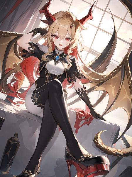 masterpiece,best quality,highres,cinematic lighting,dramatic angle,1boy,<lora:ShadowverseLumioreV6:0.8:lbw=jiangshi3>,blonde hair,long hair,slit pupils, red eyes,horns,clothing cutout,looking at viewer,white bodysuit,short sleeves,gloves,scales,spikes,black vest,asymmetrical legwear, black thighhighs,high heels,(gemstone heel,red gemstone heel:1.23),:d,(tail:1),jewelry,wings,(single wing:1.1),claws,straight-on,floating,adjusting hair,hand on own hip,dusk,seductive pose,sitting,from above,legs crossed